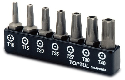 Набор бит 1/4" TORX с отверстием T10-T40 7 предметов TOPTUL GAAV0703 Набор бит 1/4" TORX с отверстием T10-T40 7 предметов TOPTUL GAAV0703